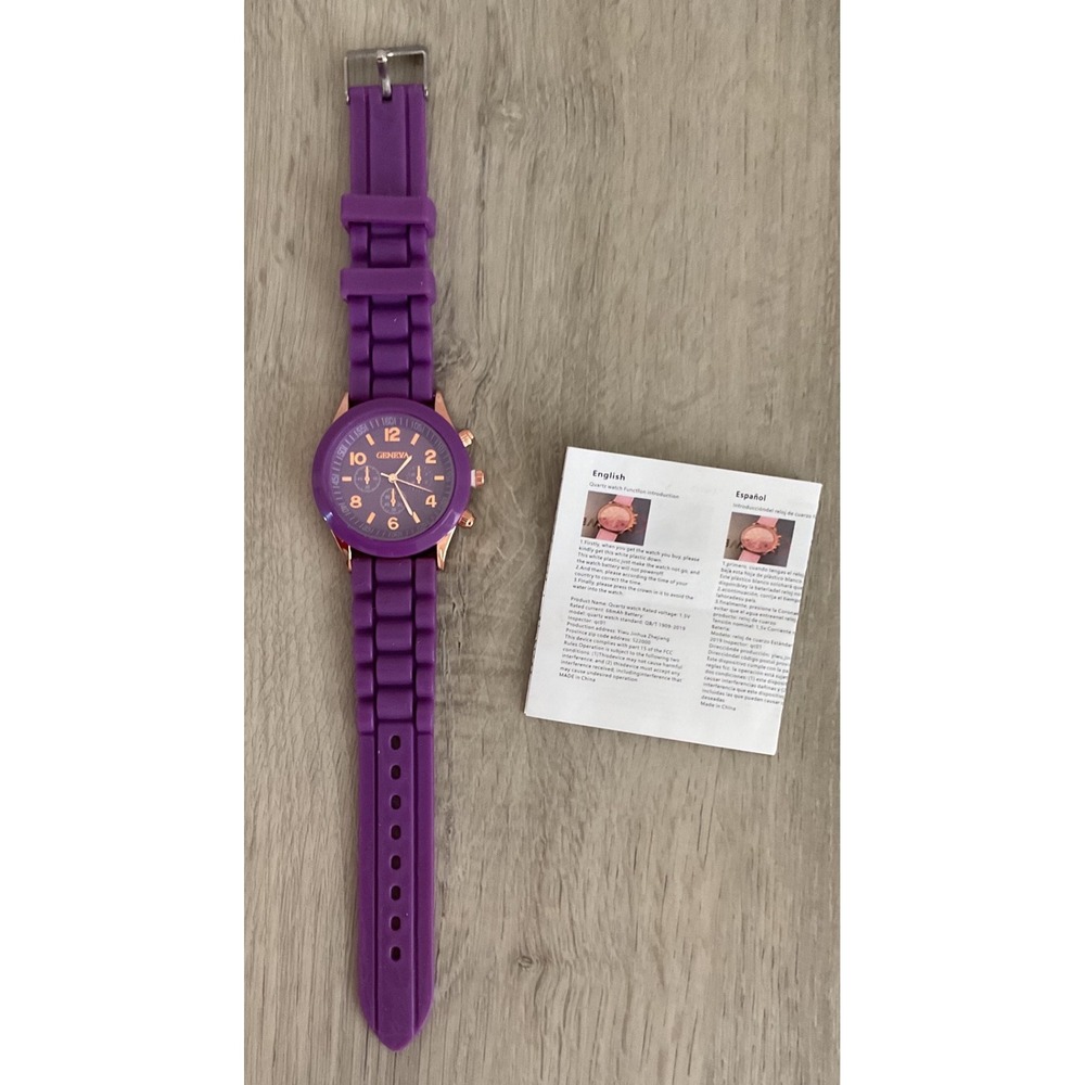 Geneva Quartz Watch Purple Silicone‎ Band Rose Gold Case Analog Dial Sporty